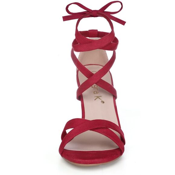 Open Toe Lace-Up High Block Heels Red Sandals - Picture 3 of 6
